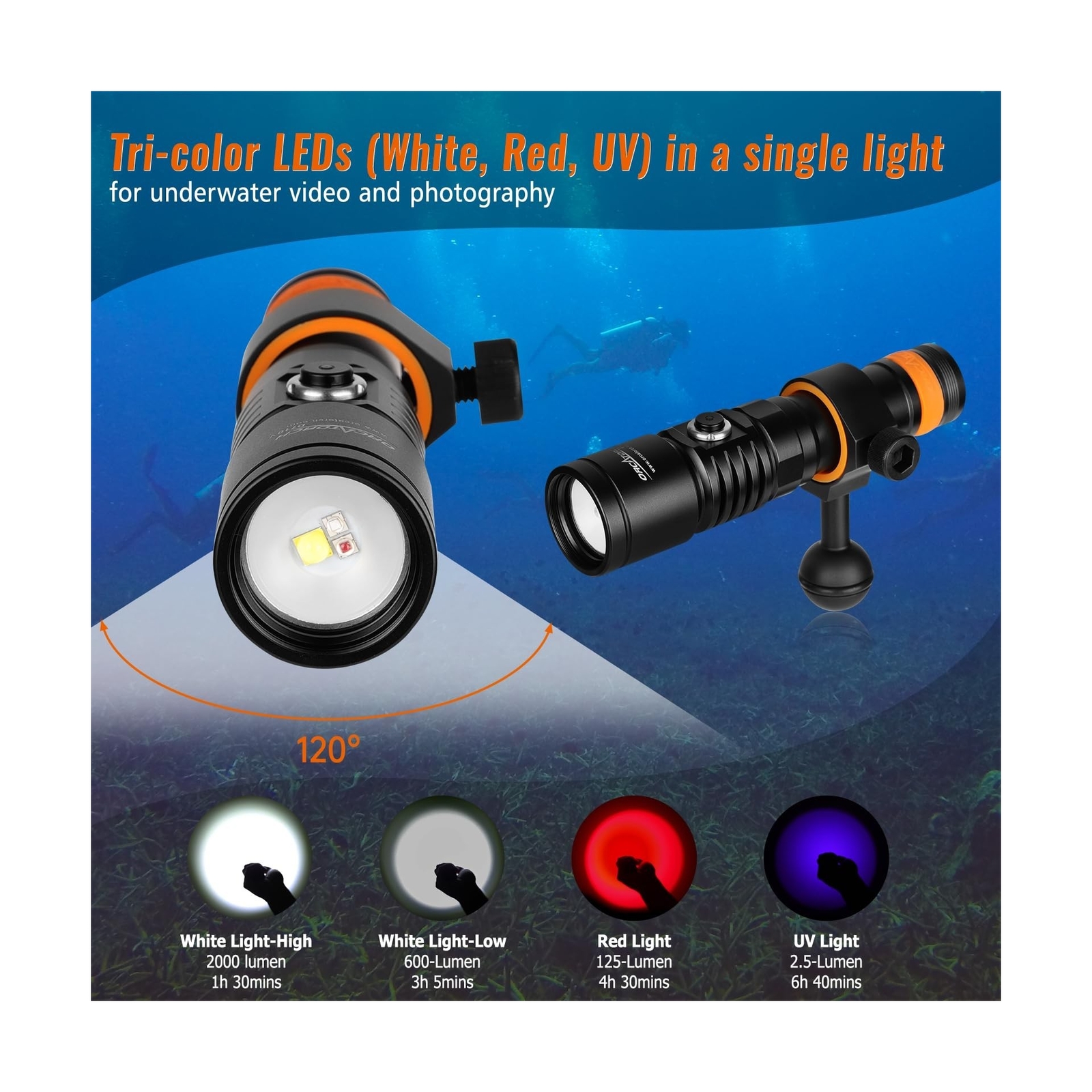 ORCATORCH D710V 2000 Lumens Underwater Video Light, White Red Violet Tri-Colo…