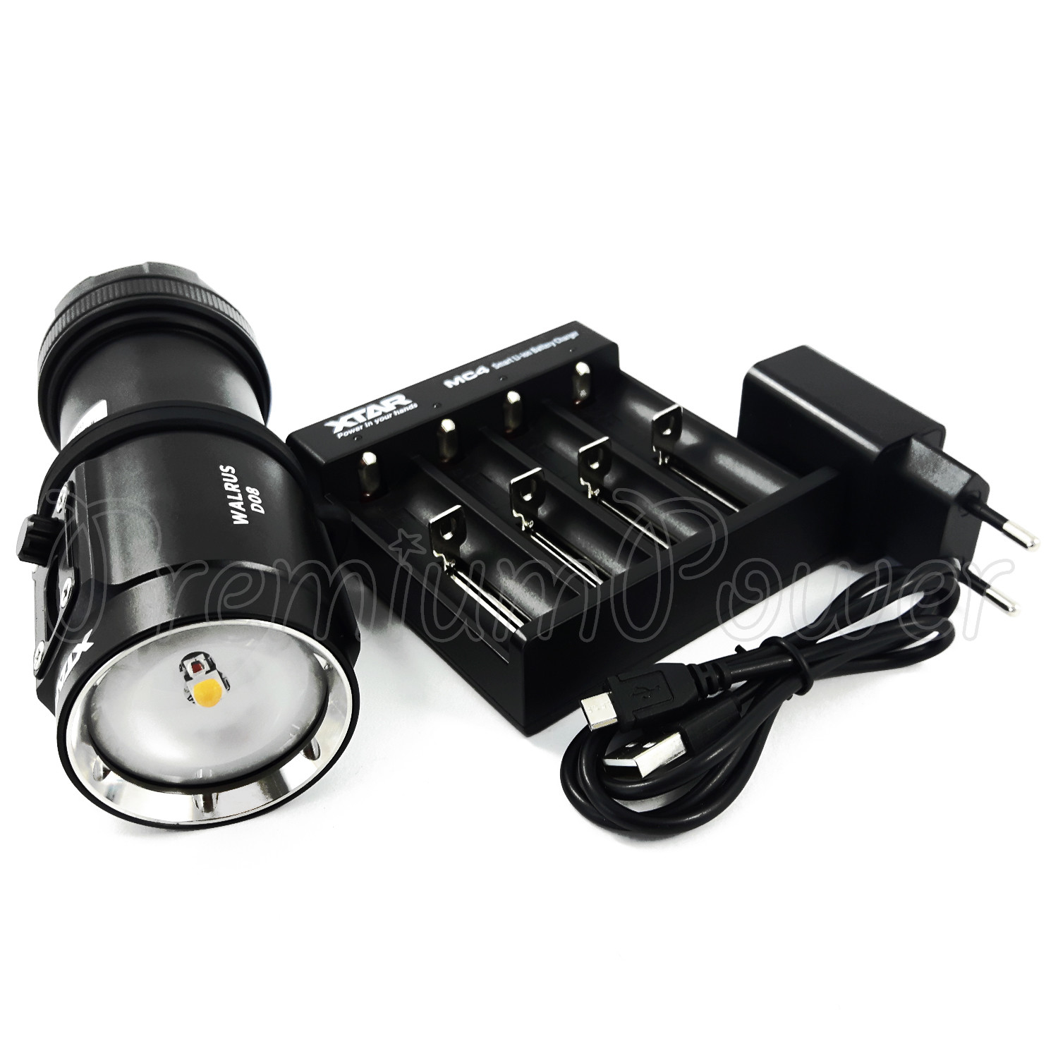 XTAR Walrus D08 Diving Flashlight LED 2000 lumens Photo Torch MC4 Charger Kit