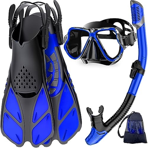 Mask Fins Snorkel Set, Snorkeling Gear for Adults, Large-X-Large Blue Black