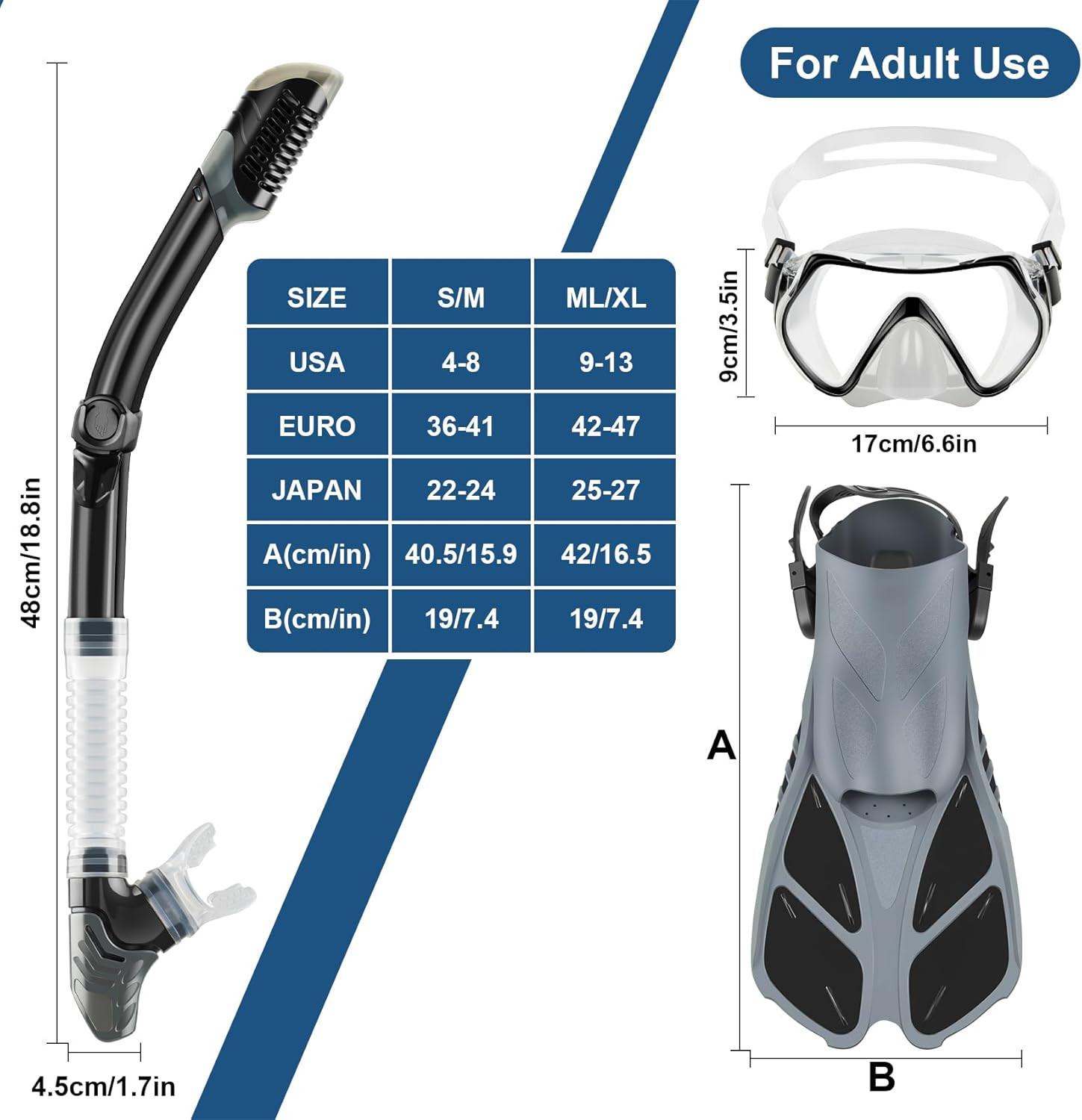 Mask Fin Snorkel Set, Travel Size Snorkeling Gear for Adults with Panoramic View
