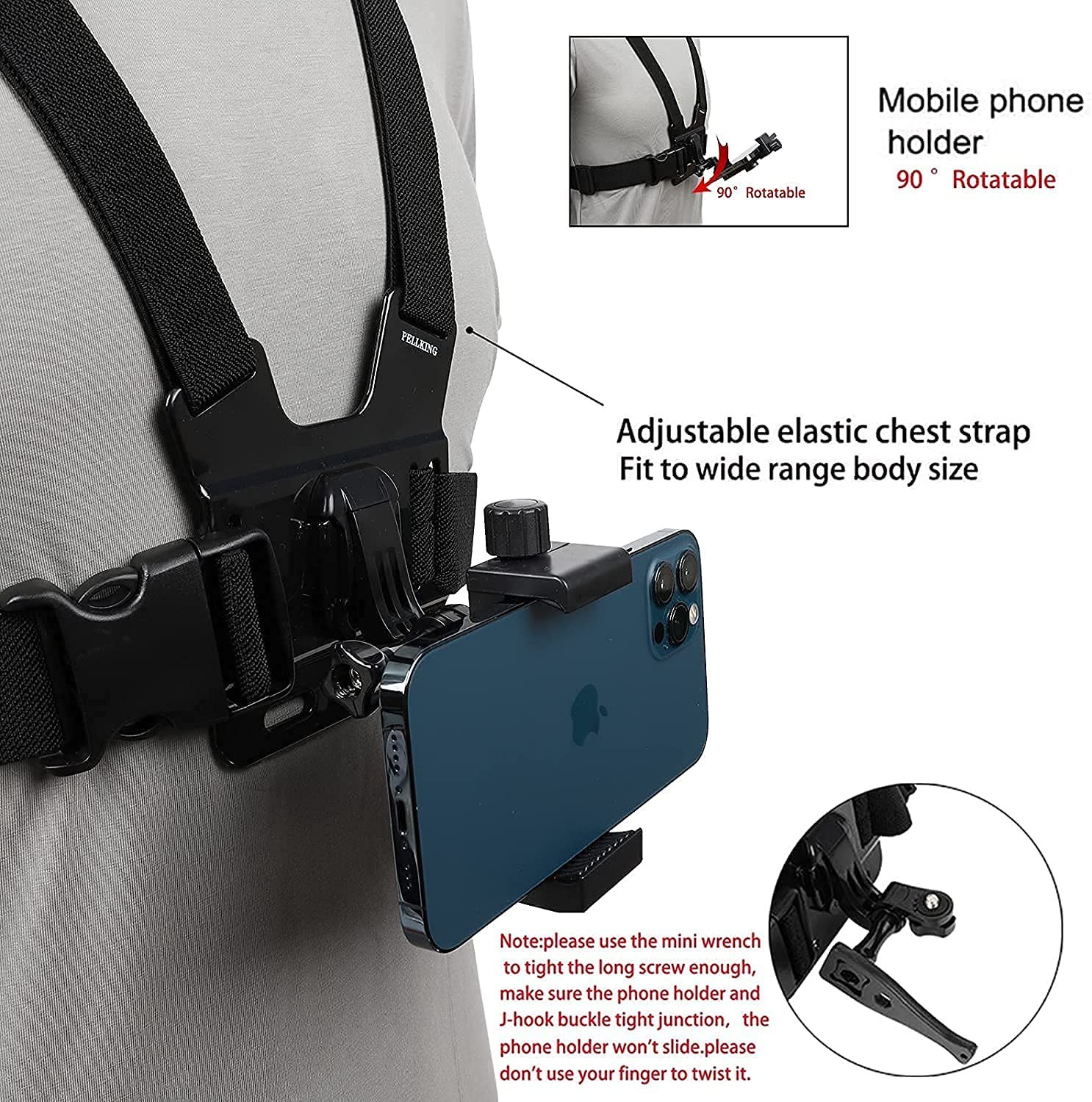 PellKing Mobile Phone Chest Strap ONE SIZE FITS ALL (130 – 250 lbs.), Black