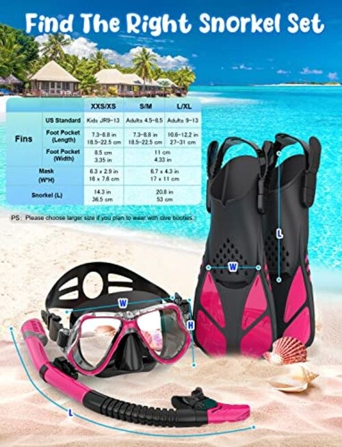 Mask Fins Snorkel Set, Snorkeling Gear for Adults, Small-Medium Pink Black